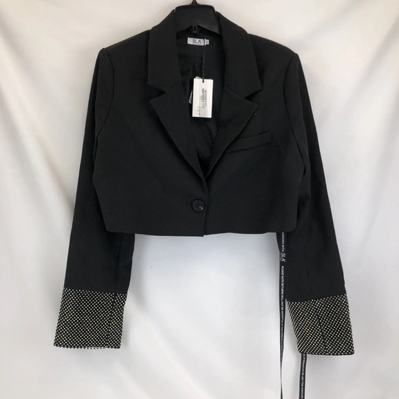 NWT SLA the label Thea Cuff Cropped Rhinestone Blazer Black. Size Large. - Picture 6 of 7